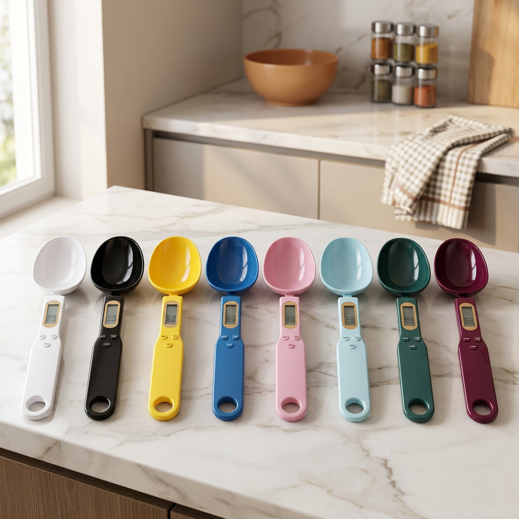 Digital Kitchen Spoon Scale in all 8 colors - White, Black, Yellow, Blue, Pink, Light Blue, Dark Green, Burgundy arranged on marble countertop