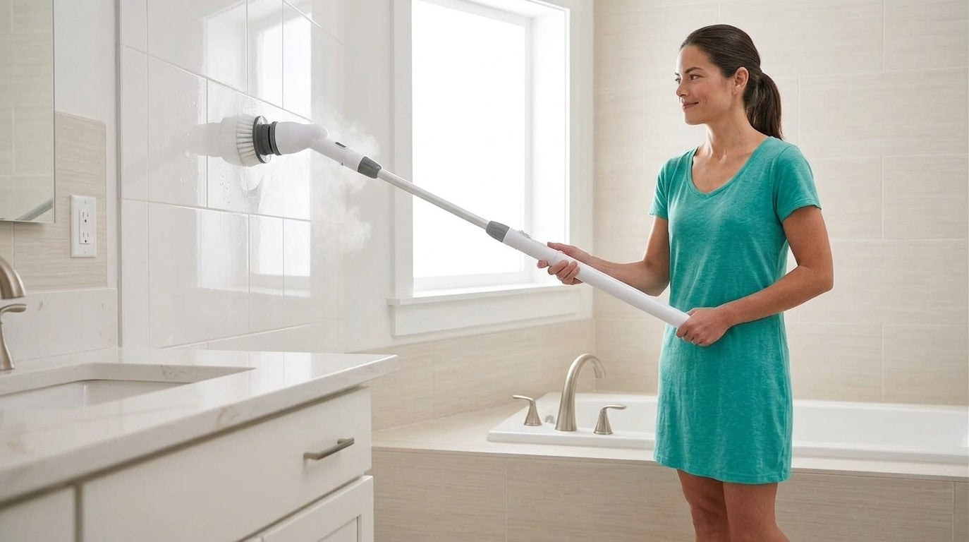 Cordless Electric Spin Scrubber - Clean bathroom tiles standing upright