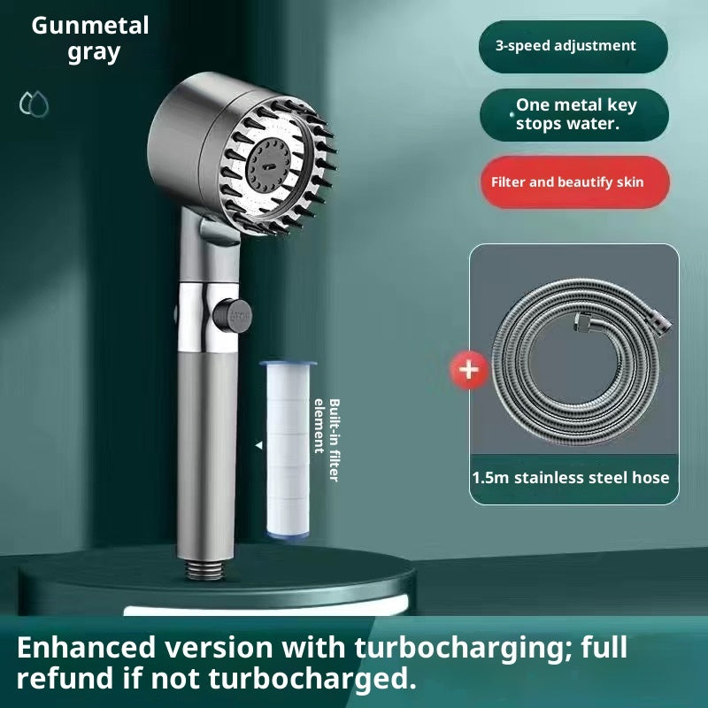 Handheld shower head with 5ft stainless steel hose and wall bracket included in complete package set