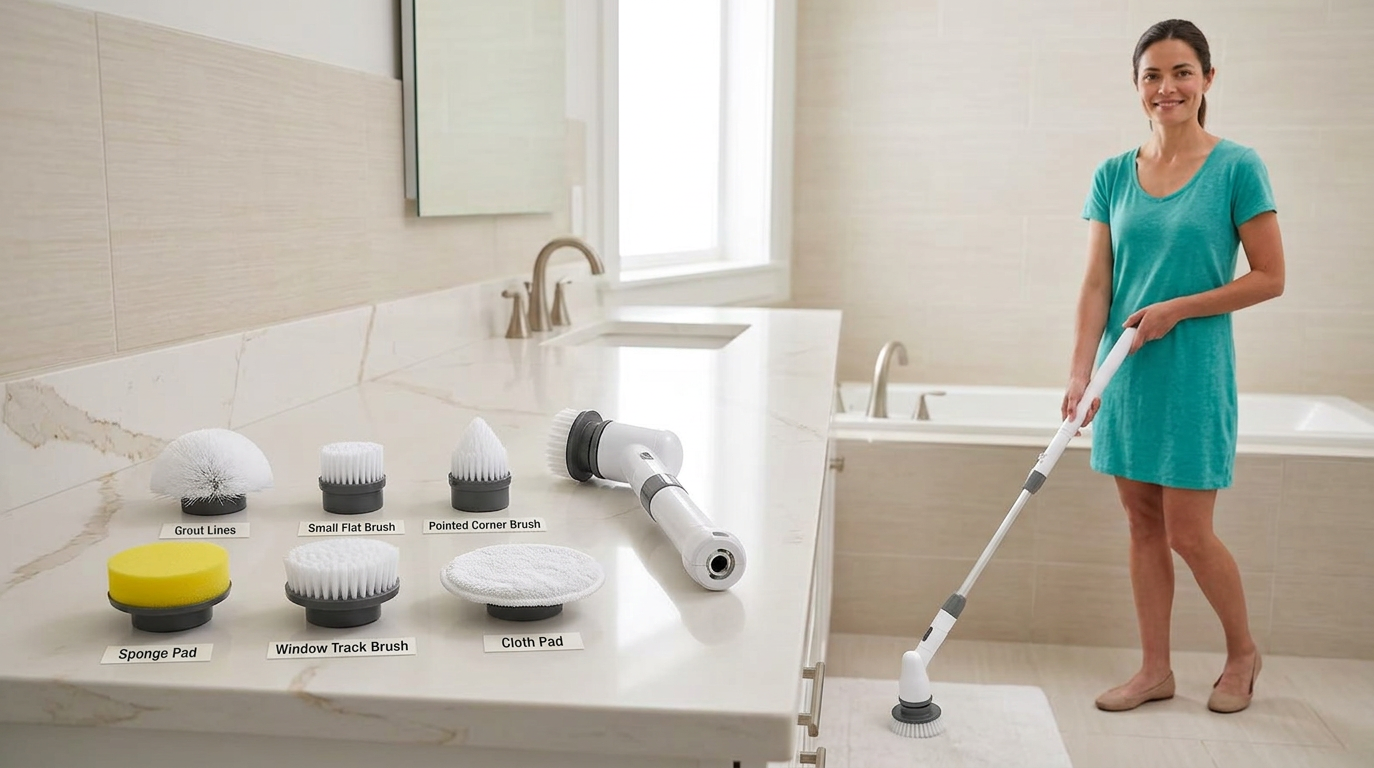 Cordless Electric Spin Scrubber - 7 interchangeable brush heads with model