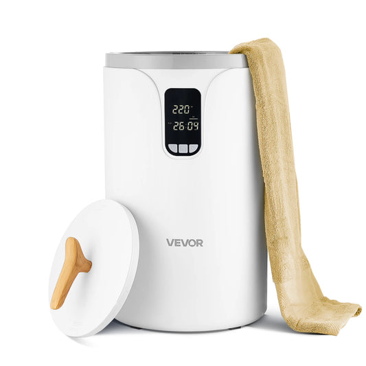 20L towel warmer bucket front view with LED timer display on bathroom countertop