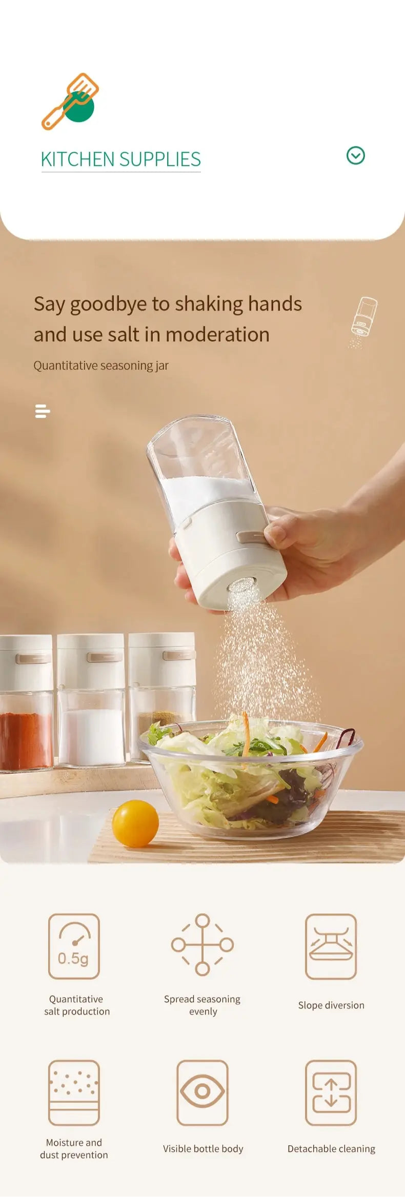 180ml Glass Quantitative Seasoning Jar, Press-Type Salt Control Bottle