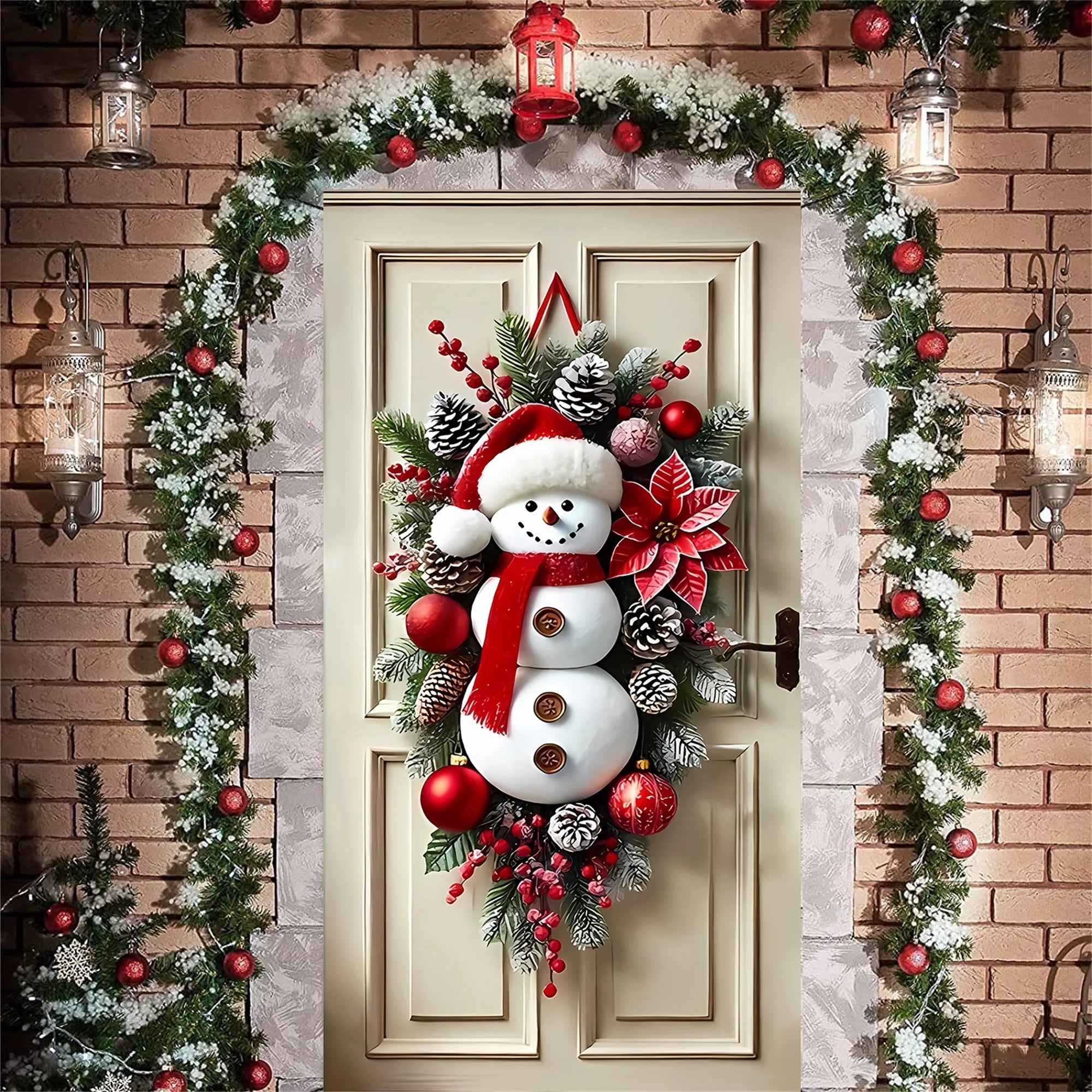 Festive Santa Claus Christmas Door Cover for Front Door Holiday Door Wrap with Christmas Decorations and Snowflakes