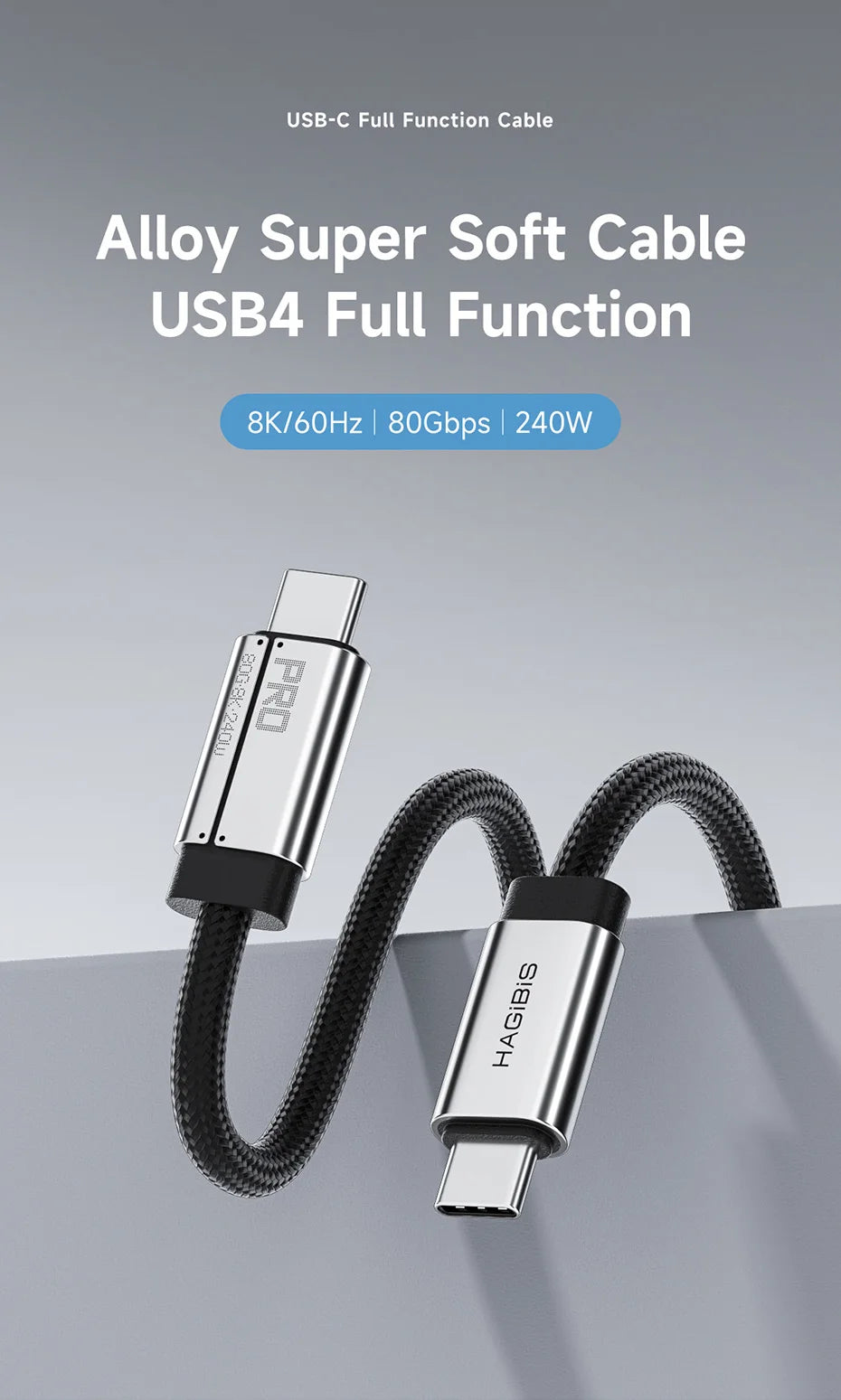 Hagibis USB C to USB C Full Function Cable Super Soft USB4 80Gbps 8K 240W Fast Charging Cord for Thunderbolt 4/5 iPhone Laptop