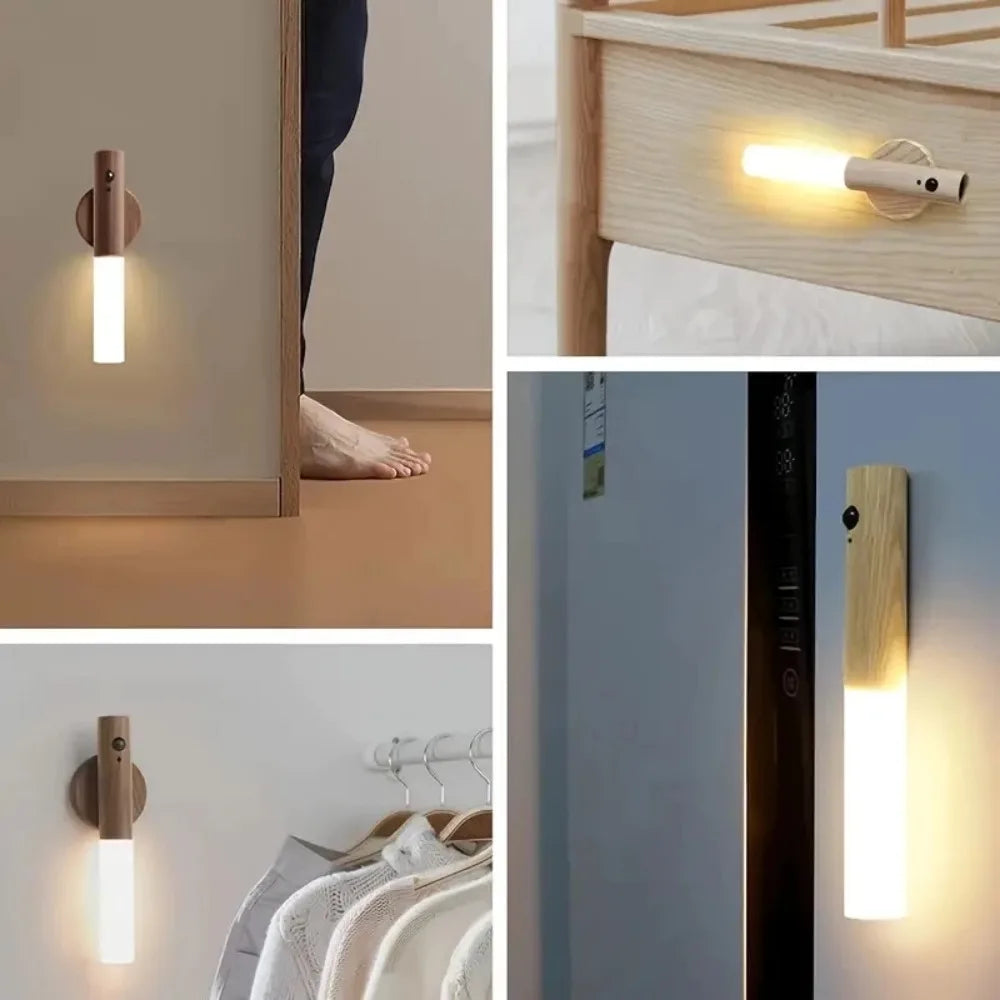 Auto LED Night Light Magnetic Wooden Multifunctional Smart Motion Sensor USB Rechargeable