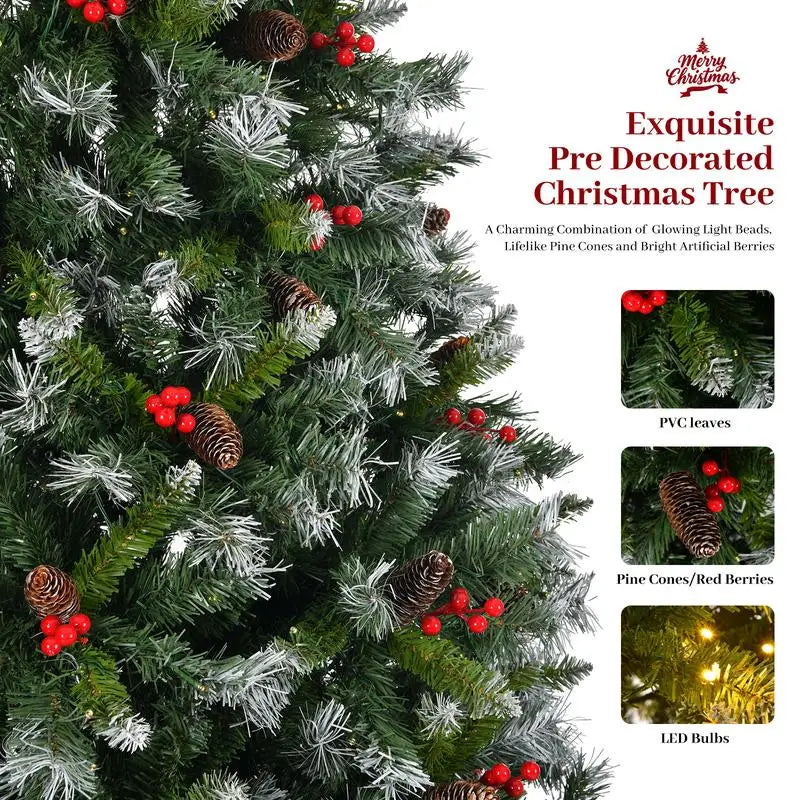 9ft Pre-Lit Artificial Christmas Tree with 1740 Flocked Tips, 103 Pine Cones, 309 Red Berries, and 600 Lights on Metal Base for
