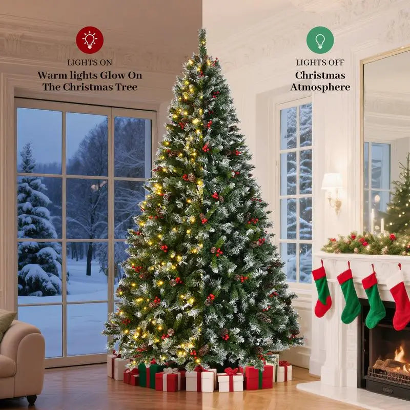 9ft Pre-Lit Artificial Christmas Tree with 1740 Flocked Tips, 103 Pine Cones, 309 Red Berries, and 600 Lights on Metal Base for