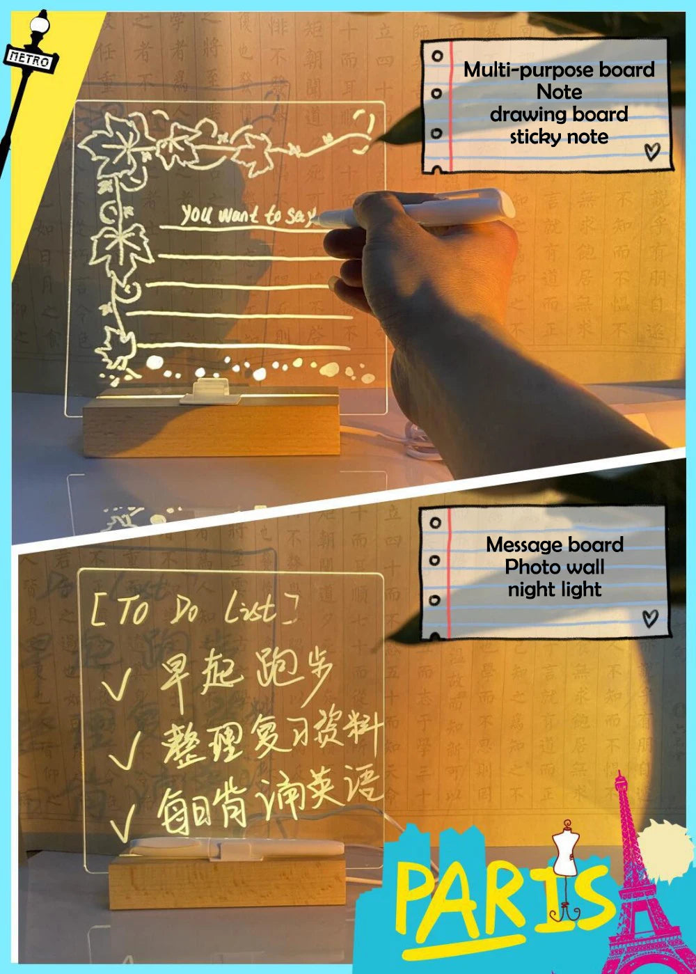 LED Note Board With Night Light Colorful 7 Pens DIY Acrylic Message Board Children‘s Drawing Board