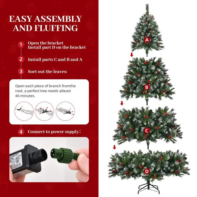 9ft Pre-Lit Artificial Christmas Tree with 1740 Flocked Tips, 103 Pine Cones, 309 Red Berries, and 600 Lights on Metal Base for