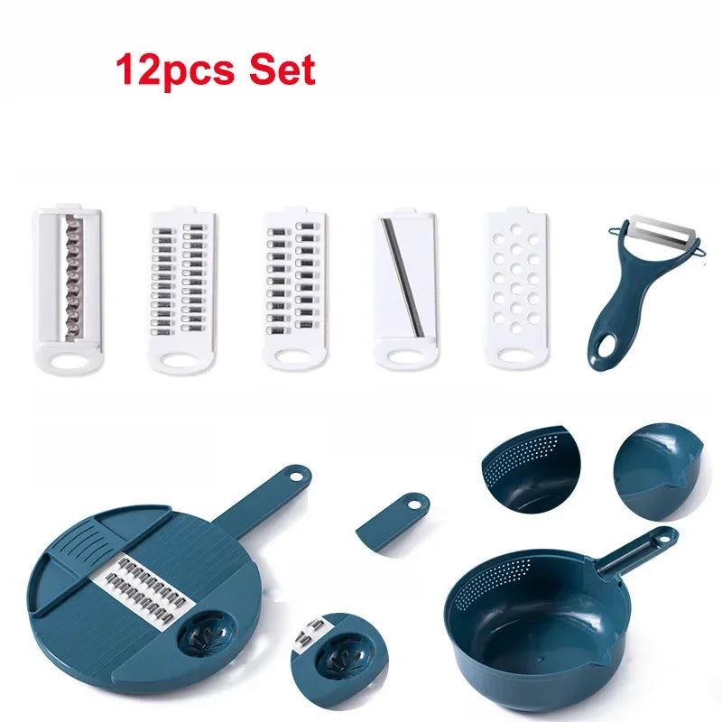 12 In 1 Multi-functional Vegetable Chopper Carrots Potatoes Manually Cut Shred Slicer Radish Grater with Container Kitchen Tools