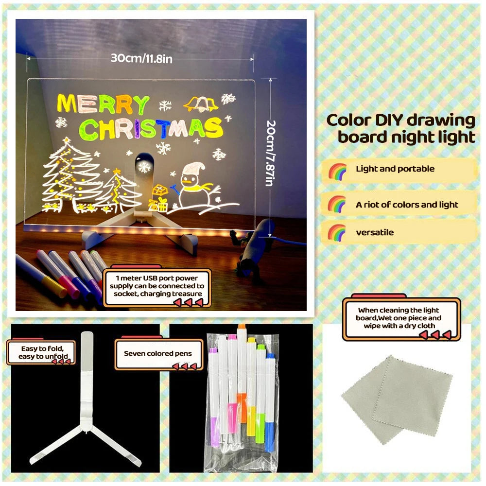 LED Note Board With Night Light Colorful 7 Pens DIY Acrylic Message Board Children‘s Drawing Board