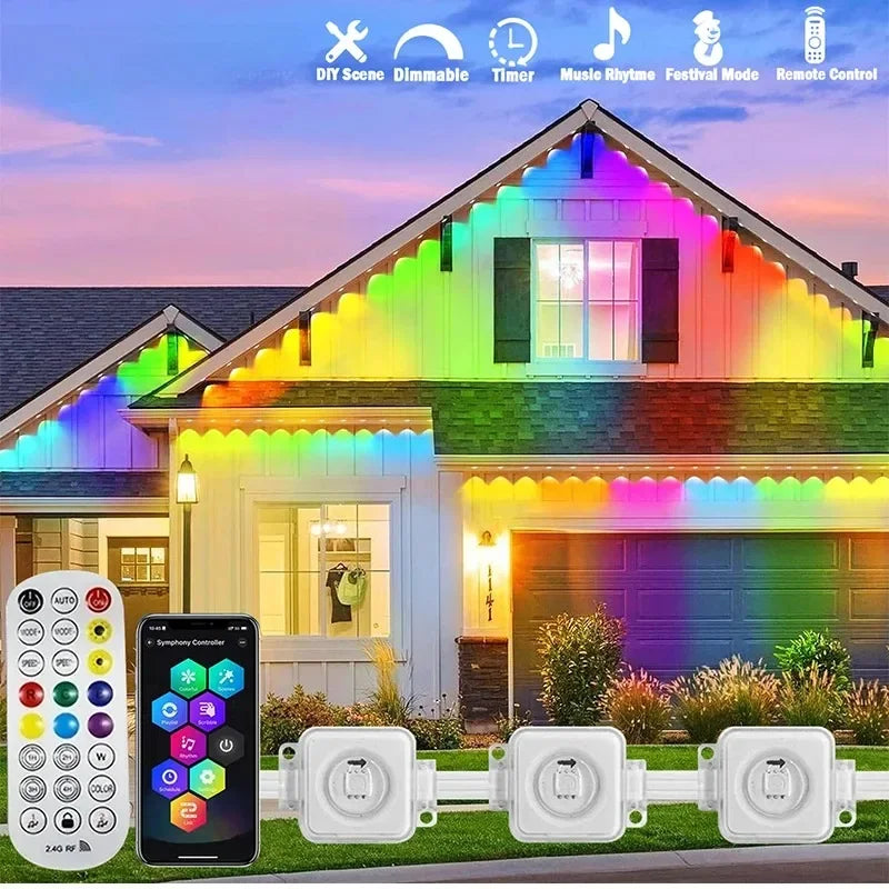 150ft Permanent Eaves LED Smart RGB Outdoor Led Lights for House with Remote  Full House Eaves Light Christmas Holiday Decor
