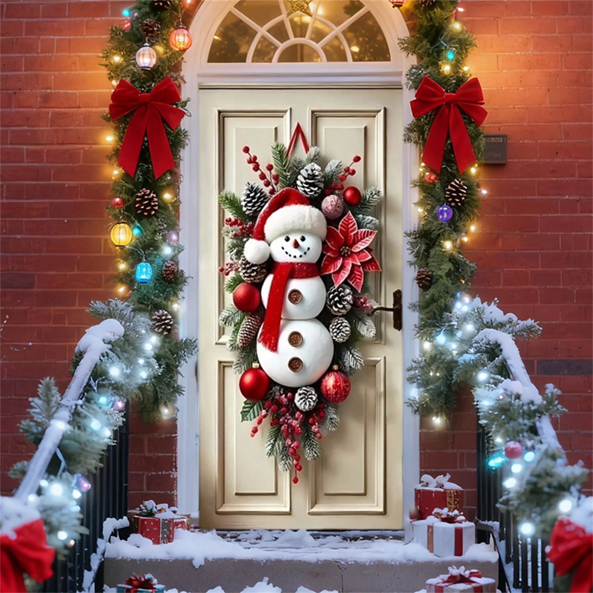 Festive Santa Claus Christmas Door Cover for Front Door Holiday Door Wrap with Christmas Decorations and Snowflakes