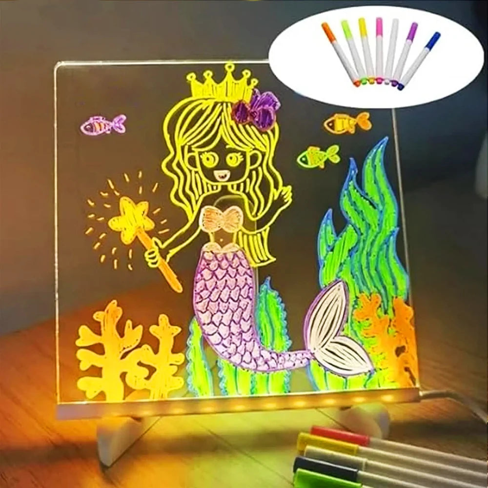 LED Note Board With Night Light Colorful 7 Pens DIY Acrylic Message Board Children‘s Drawing Board