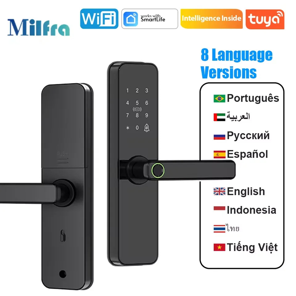 Tuya Wifi Electronic Smart Door Lock with IC Card/Biometric Fingerprint/Password/Key Unlock/Remote Control USB Emergency Charge