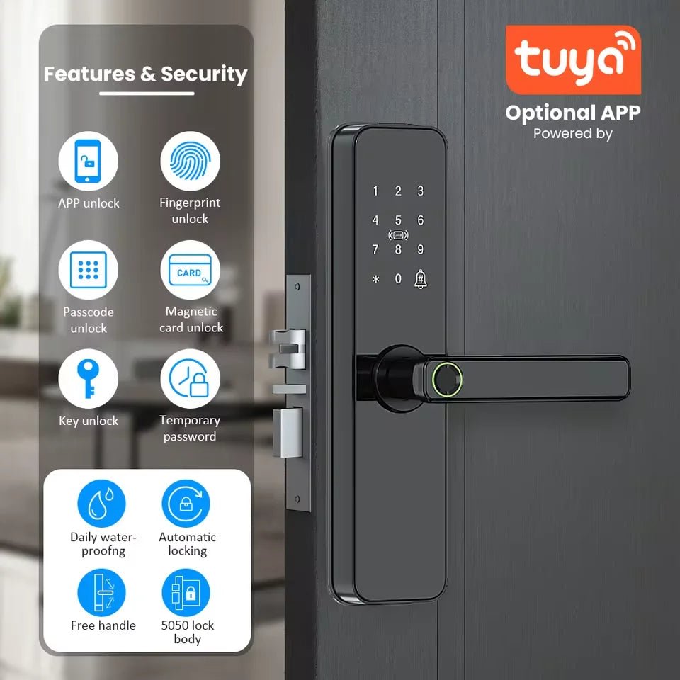 Tuya Wifi Electronic Smart Door Lock with IC Card/Biometric Fingerprint/Password/Key Unlock/Remote Control USB Emergency Charge