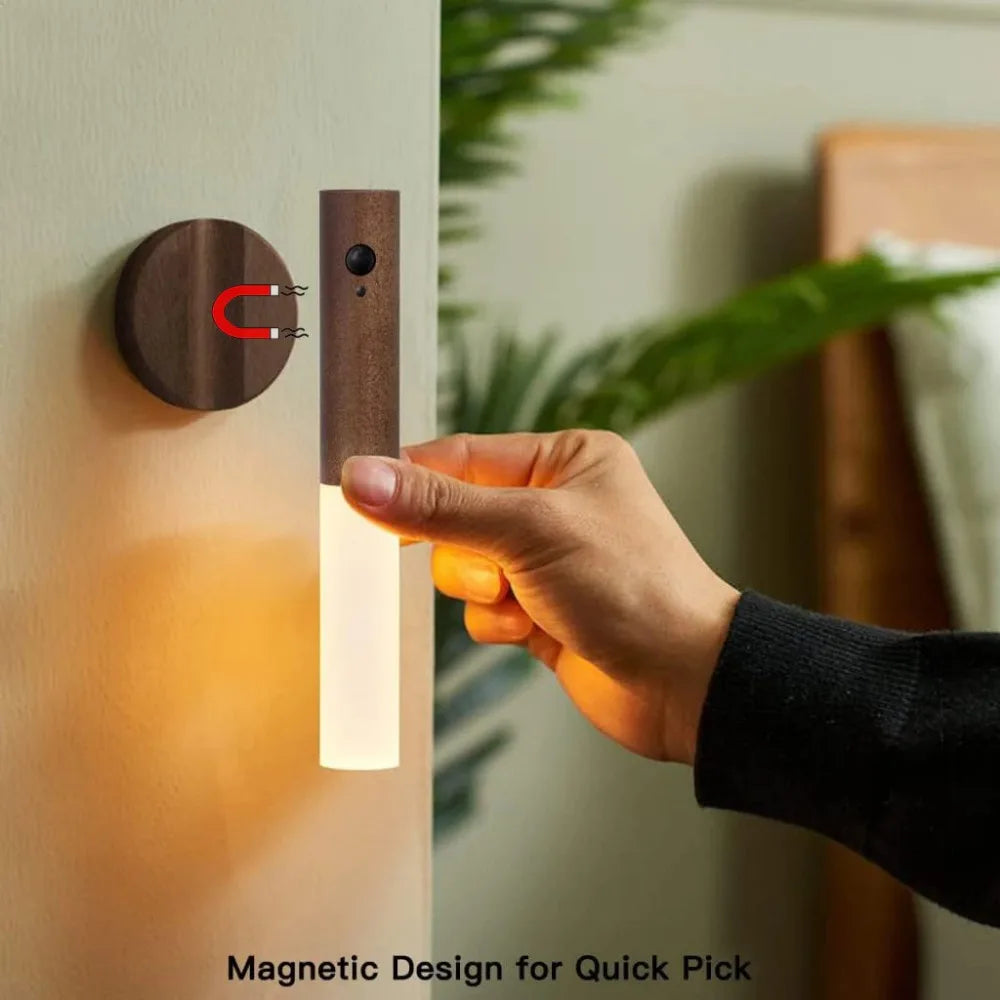 Auto LED Night Light Magnetic Wooden Multifunctional Smart Motion Sensor USB Rechargeable