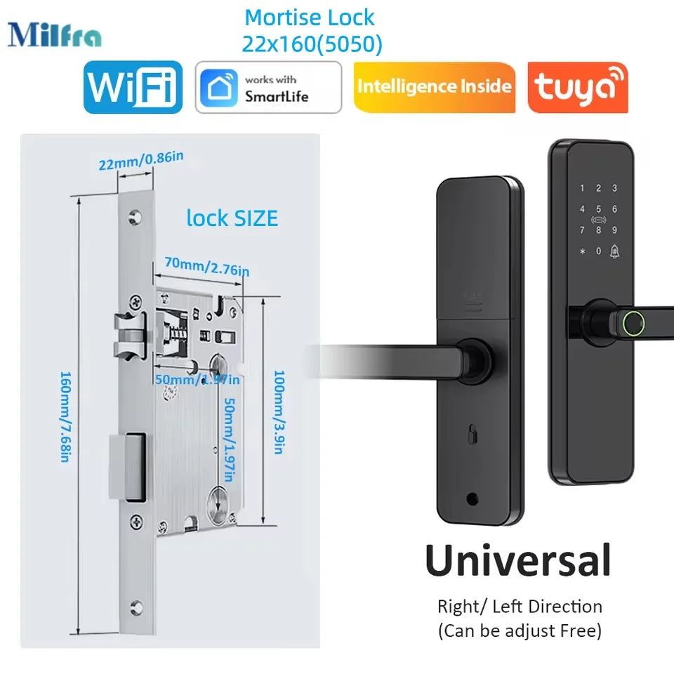Tuya Wifi Electronic Smart Door Lock with IC Card/Biometric Fingerprint/Password/Key Unlock/Remote Control USB Emergency Charge
