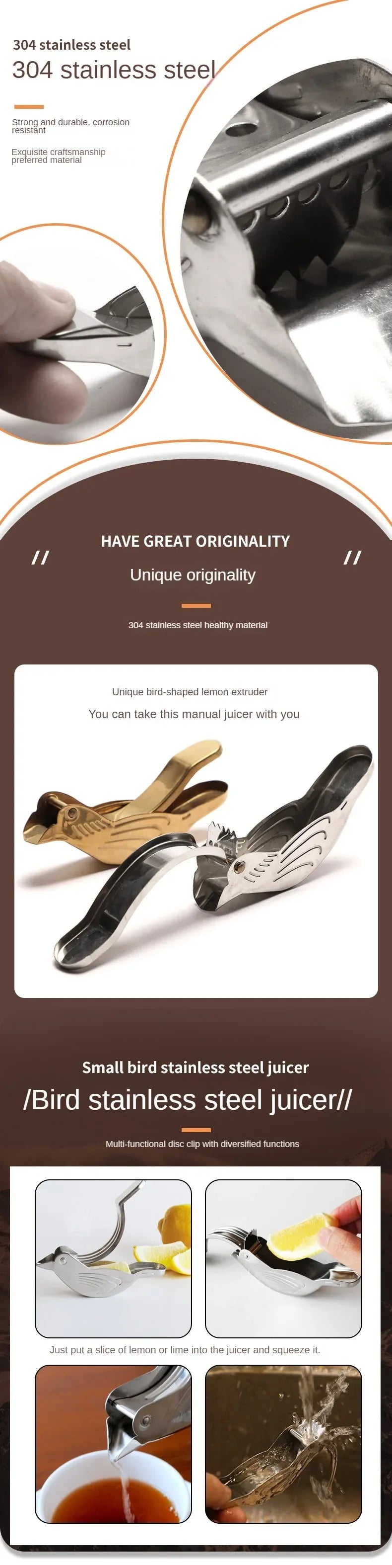 Creative Bird Shape Lemon Squeezers Juicer Household Stainless Steel 304 Portable Metal Citrus Lemon Tea Infuser Kitchen Gadget