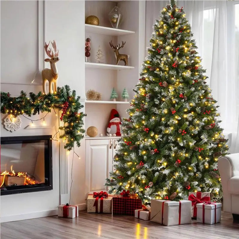 9ft Pre-Lit Artificial Christmas Tree with 1740 Flocked Tips, 103 Pine Cones, 309 Red Berries, and 600 Lights on Metal Base for