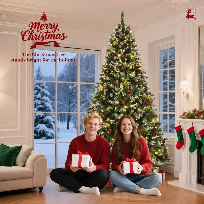 9ft Pre-Lit Artificial Christmas Tree with 1740 Flocked Tips, 103 Pine Cones, 309 Red Berries, and 600 Lights on Metal Base for