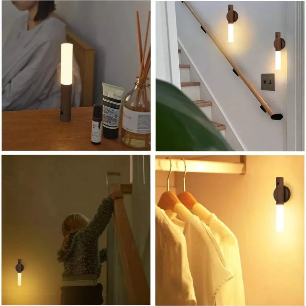Auto LED Night Light Magnetic Wooden Multifunctional Smart Motion Sensor USB Rechargeable