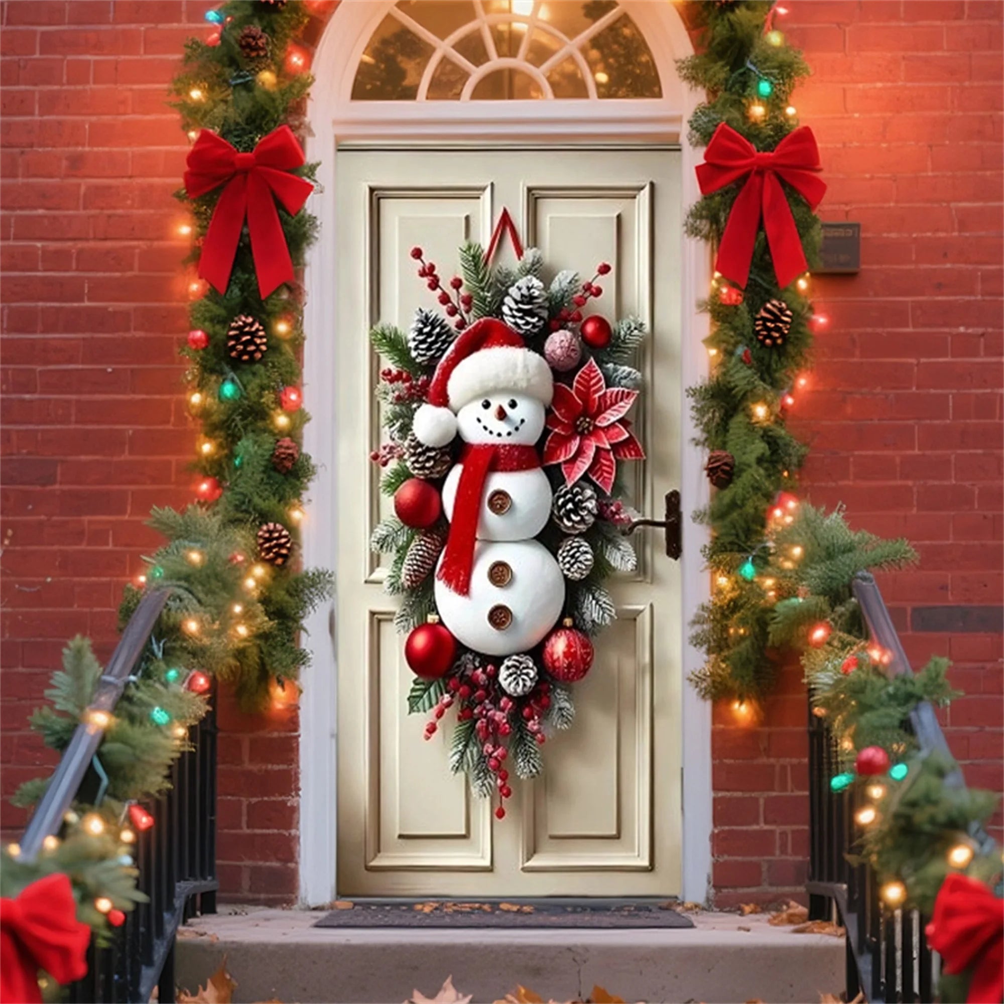 Festive Santa Claus Christmas Door Cover for Front Door Holiday Door Wrap with Christmas Decorations and Snowflakes