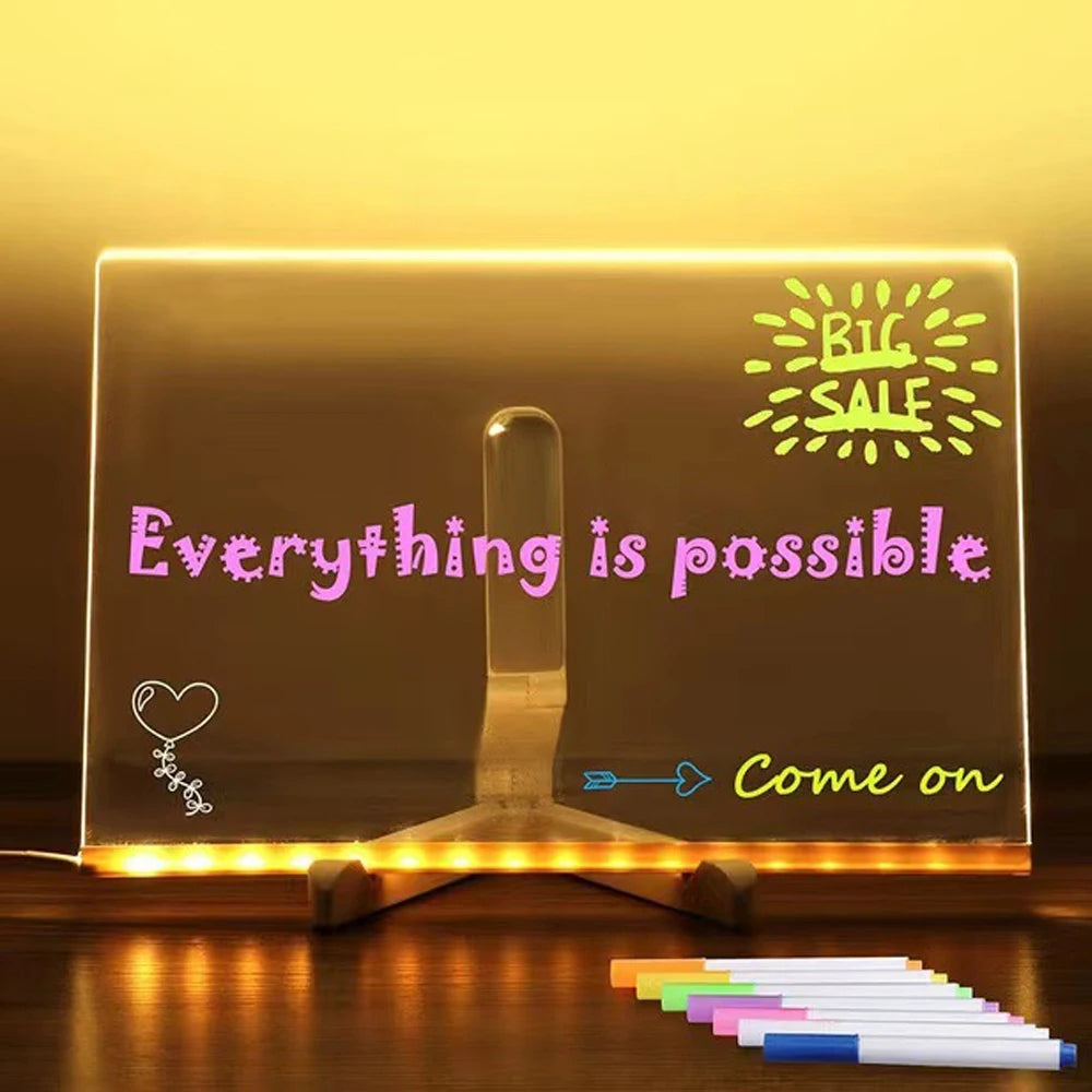 LED Note Board With Night Light Colorful 7 Pens DIY Acrylic Message Board Children‘s Drawing Board
