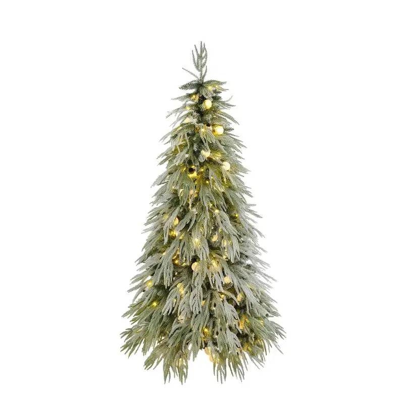 6FT Pre-Lit Flocked Christmas Tree with LED Lights, Hinged Artificial Xmas Tree for Holiday Home and Office Decor