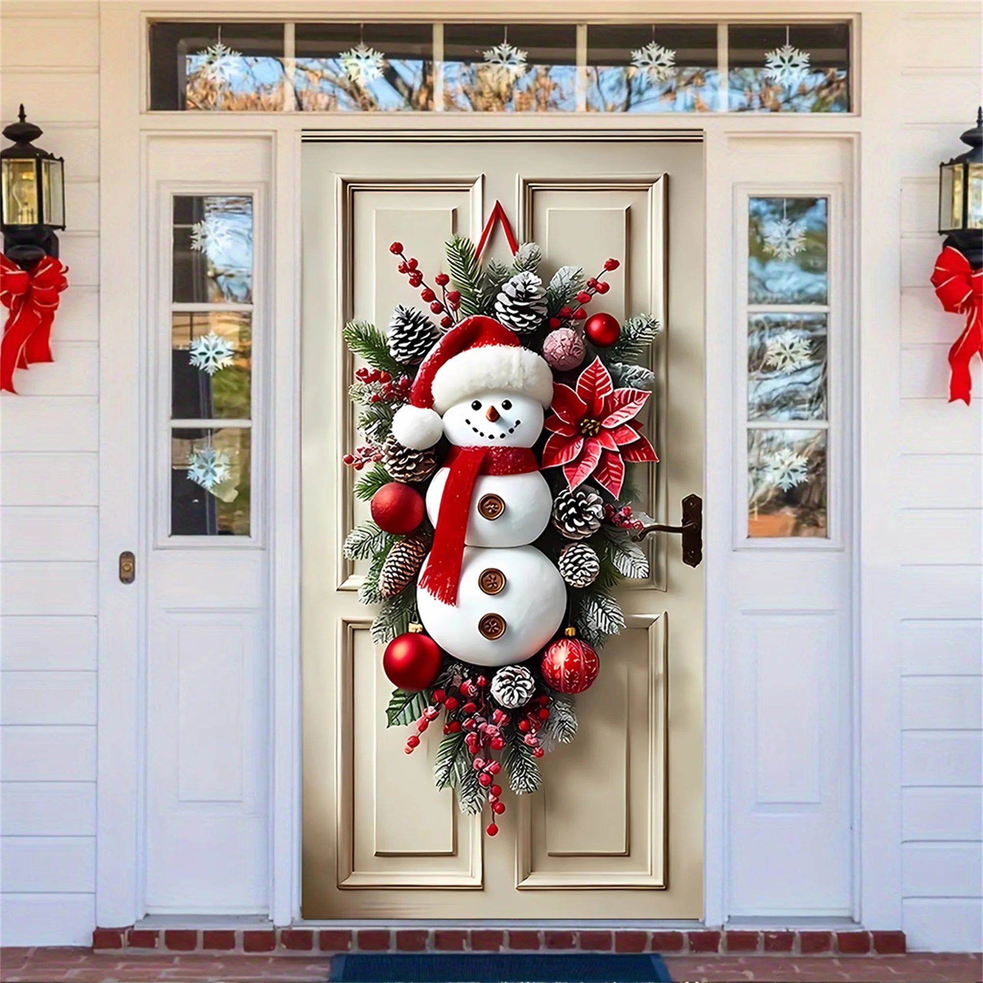 Festive Santa Claus Christmas Door Cover for Front Door Holiday Door Wrap with Christmas Decorations and Snowflakes