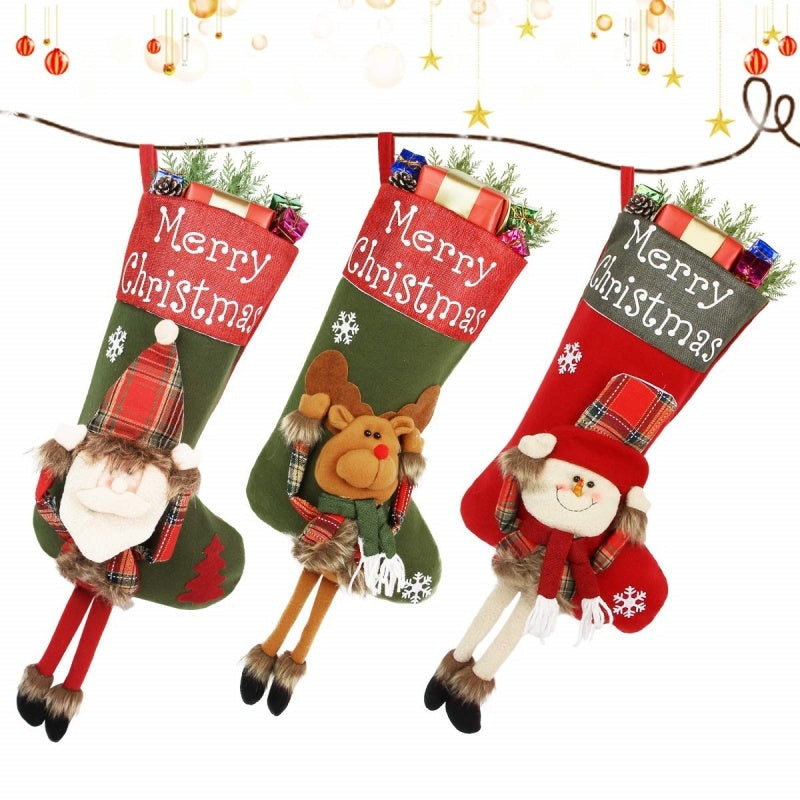 2025 New Year Xmas Big Stockings Set Decorations Christmas 3D Plush Big Sock Christmas Tree Pendant Decorating Supplies