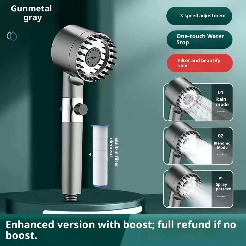Supercharged Chrome Shower Head front view - 4 spray modes handheld set with 30% more water pressure for bathroom upgrade