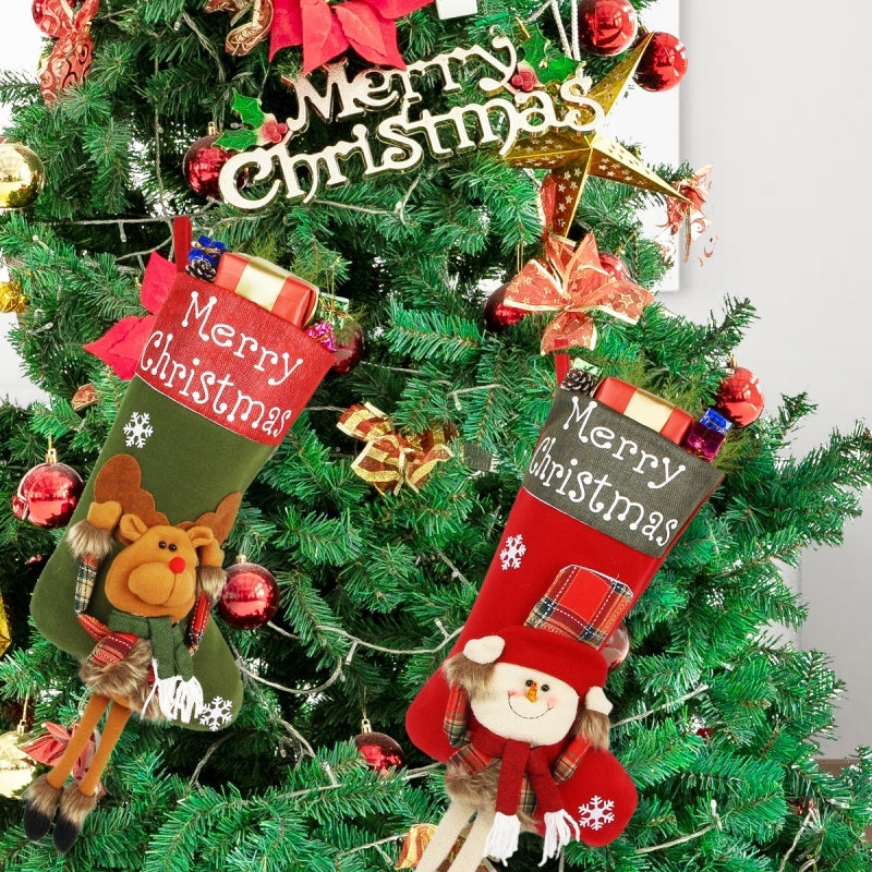 2025 New Year Xmas Big Stockings Set Decorations Christmas 3D Plush Big Sock Christmas Tree Pendant Decorating Supplies