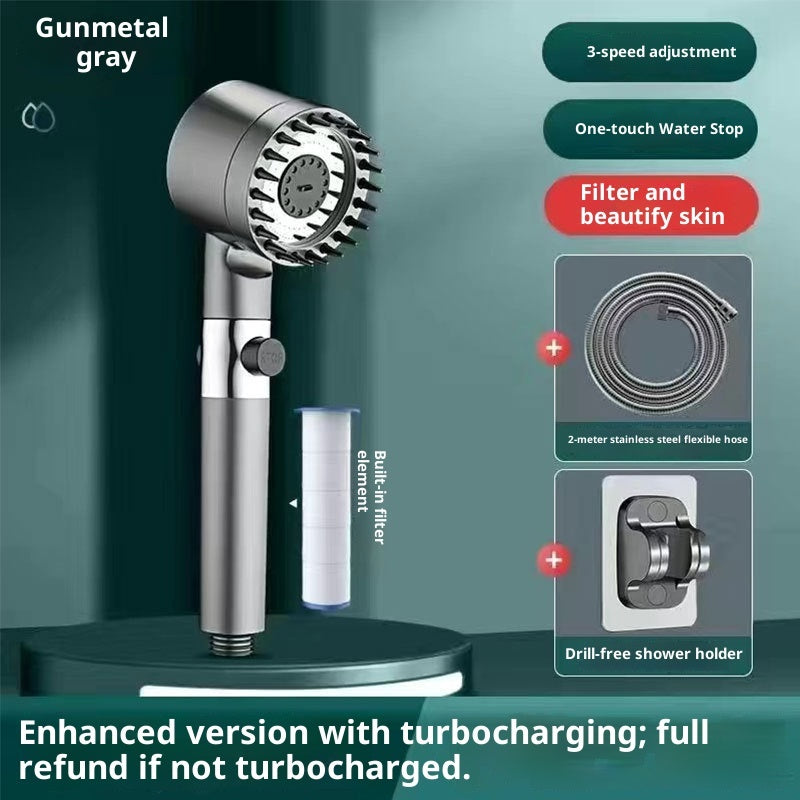 Supercharged Shower Head angled view showing premium chrome finish and handheld detachable design