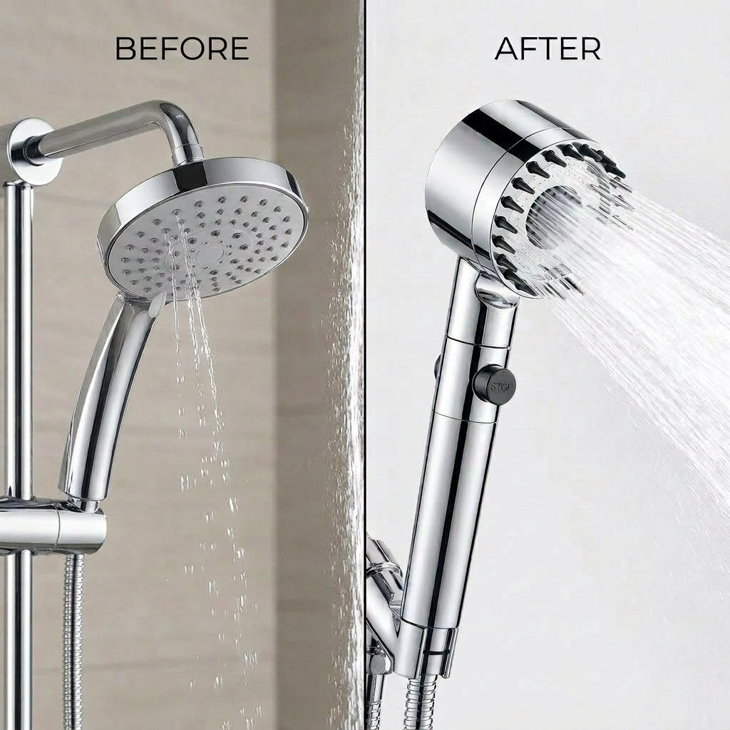 Before and after comparison - weak water pressure vs Supercharged Shower Head 30% more powerful spray