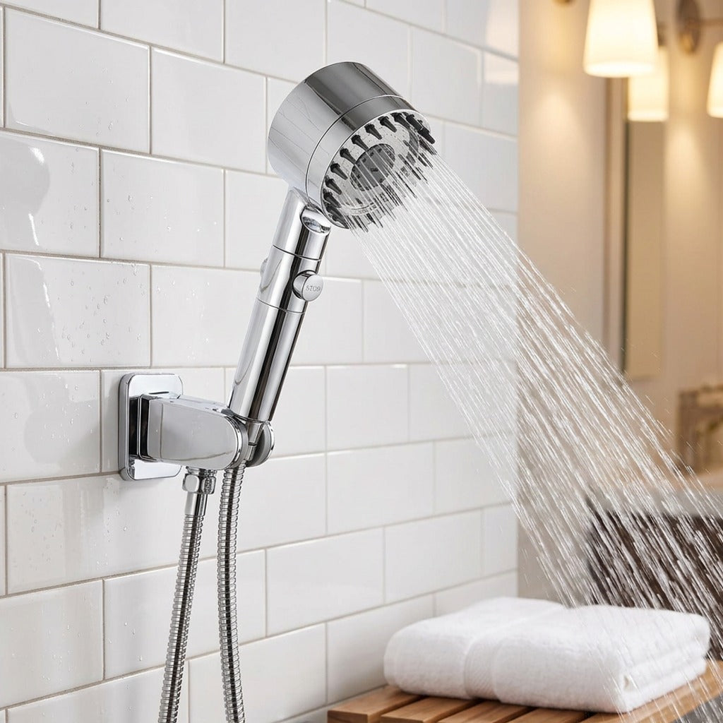 Supercharged Chrome Shower Head installed in modern bathroom with tile wall - rainfall spray mode demonstrating 30% more pressure