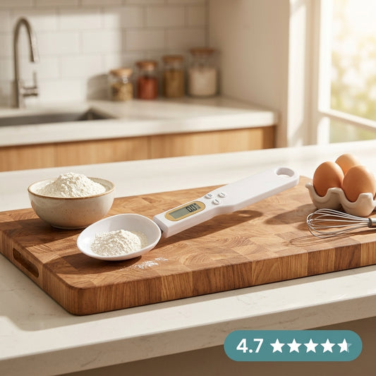Digital Kitchen Spoon Scale on kitchen countertop with flour and eggs - 4.7 star rating