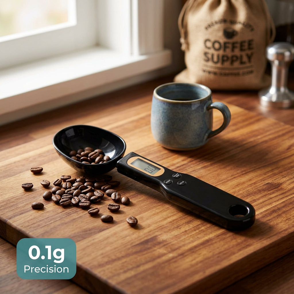 Digital Kitchen Spoon Scale near coffee - 0.1g precision accuracy
