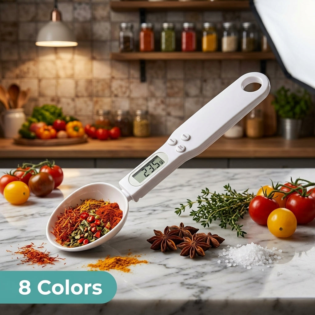 Digital food scale surrounded by vegetables - 8 color options