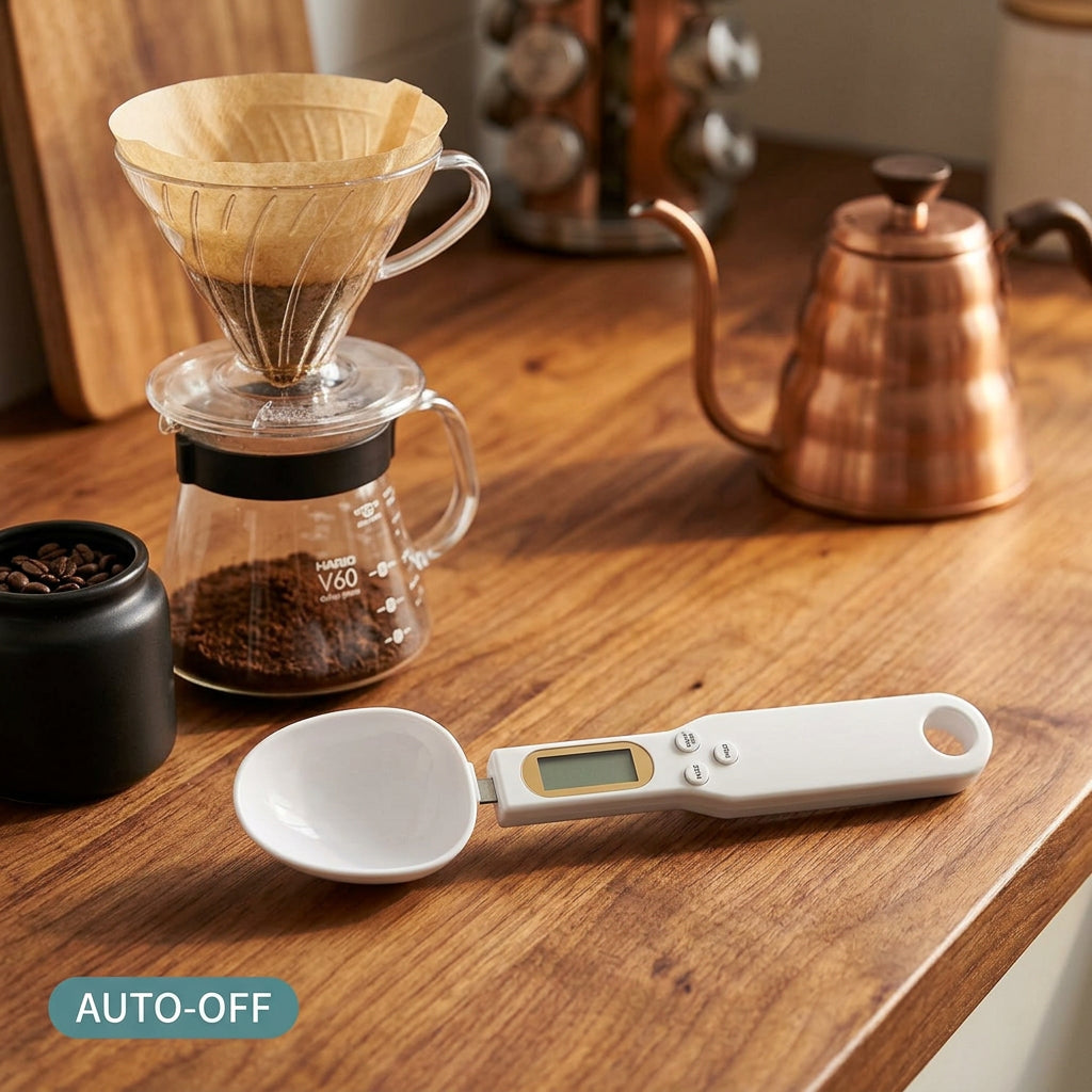 Digital spoon scale in morning kitchen coffee - auto-off battery saving