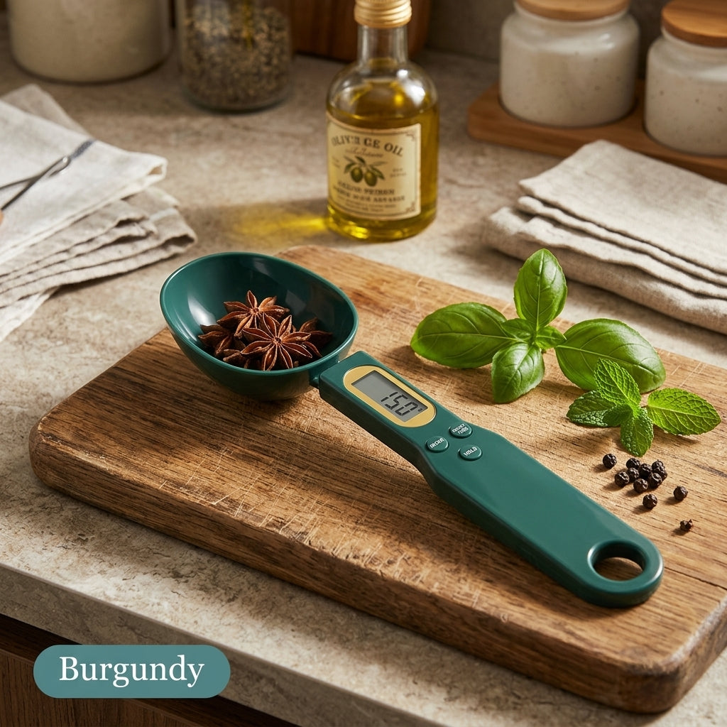 Kitchen scale spoon dark green Burgundy variant near herbs cutting board